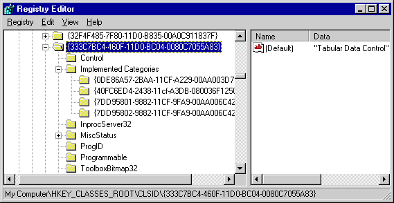 Registry entry for a control