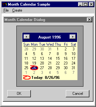 Month calendar control in a dialog box.