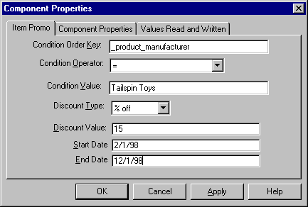 Property page showing example configuration values for ItemPromo